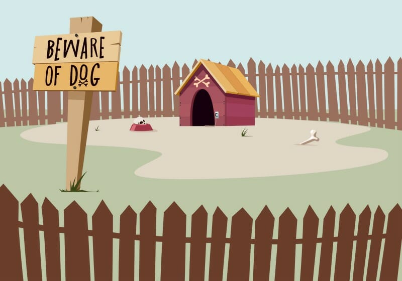 Cartoon image of dog house and beware of dog sign