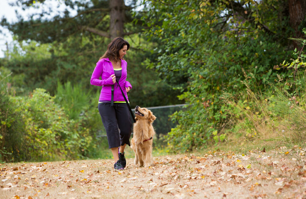 Woman walking a dog on a trail